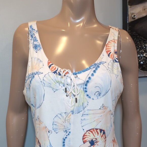 Chaps Sleeveless Beach Dress Midi A-Line Summer Vacation Resortwear Sea Shells - Picture 3 of 14